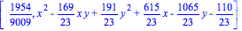 [1954/9009, x^2-169/23*x*y+191/23*y^2+615/23*x-1065/23*y-110/23]